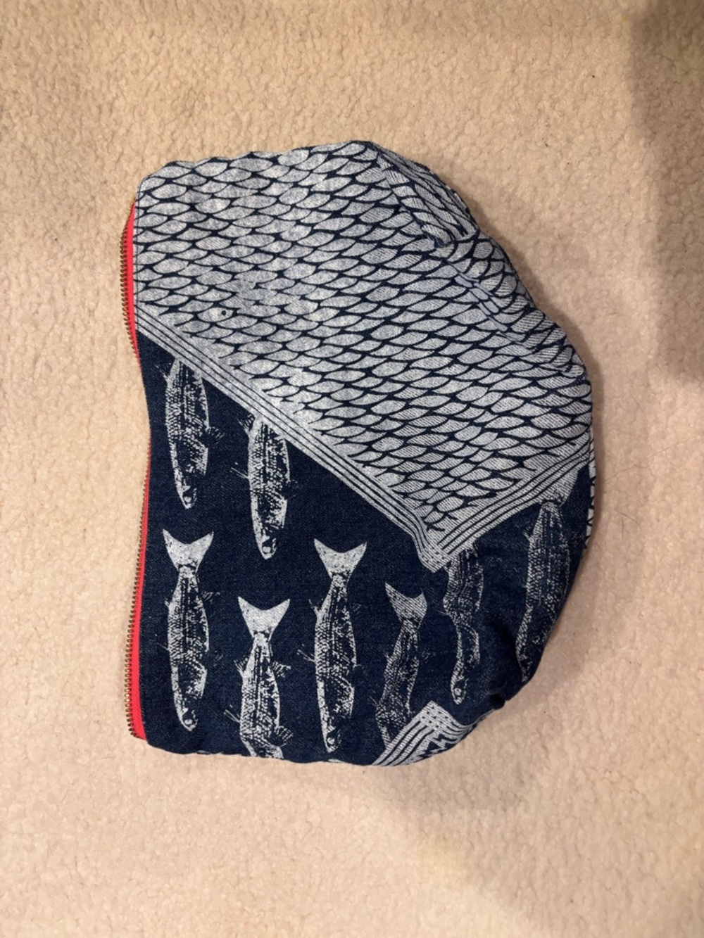 Navy Fish Print Clutch Wristlet with Red Zip